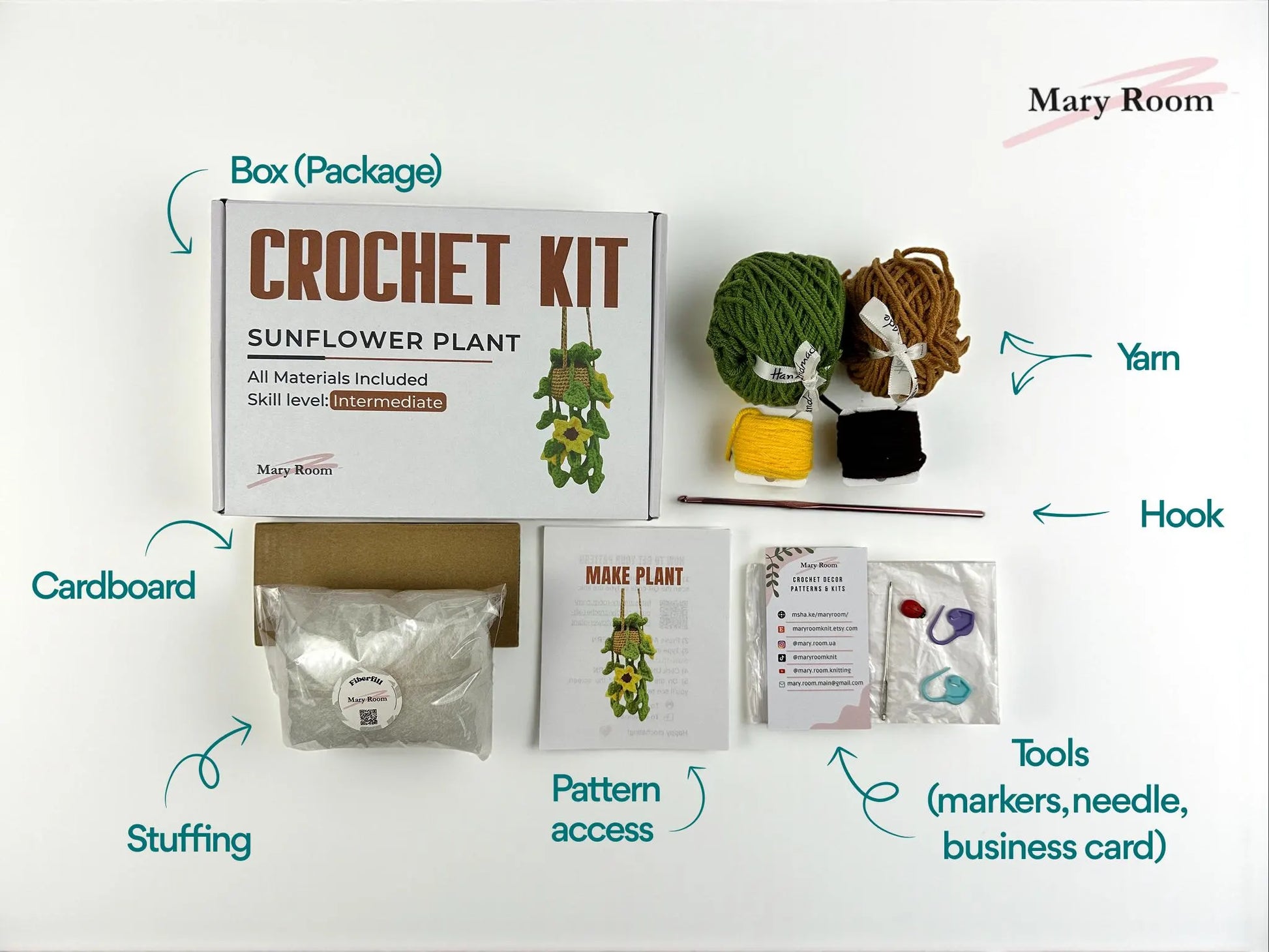 Handmade sunflower crochet kit including yarn, hook, stuffing, and printable pattern