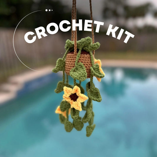 DIY Crochet Sunflower Plant Kit with yarn, tools, and step-by-step pattern for beginners