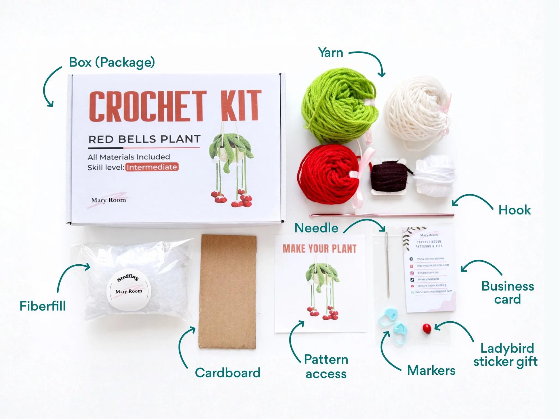 Flat lay of kit contents – yarn, hook, fiberfill, tools, and instruction card labeled DIY Crochet Kit Red Bells Plant.