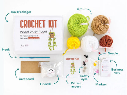 Overview of materials included in the Crochet KIT Plush Plant with Daisy Flowers: yarn, hook, stuffing, and tools.