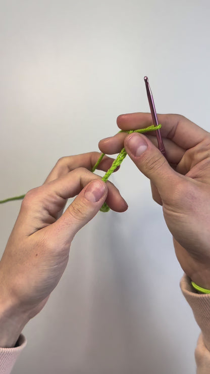Hands crocheting green yarn stem from DIY Crochet Kit Red Bells Plant – in-progress video thumbnail.